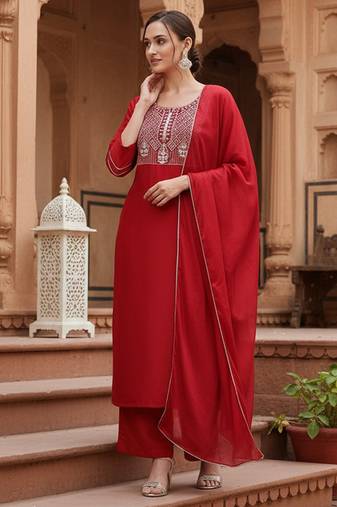 red color embroidered silk blend styles kurta palazzo with dupatta