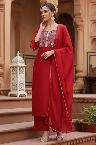 red color embroidered silk blend styles kurta palazzo with dupatta