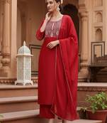 red color embroidered silk blend styles kurta palazzo with dupatta