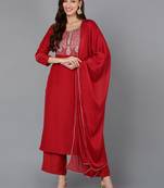 red color embroidered silk blend styles kurta palazzo with dupatta