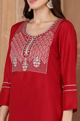 red color embroidered silk blend styles kurta palazzo with dupatta