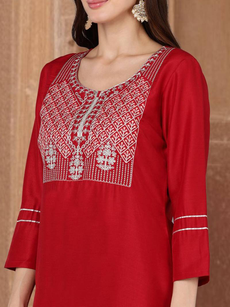 red color embroidered silk blend styles kurta palazzo with dupatta