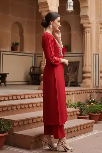 red color embroidered silk blend styles kurta palazzo with dupatta