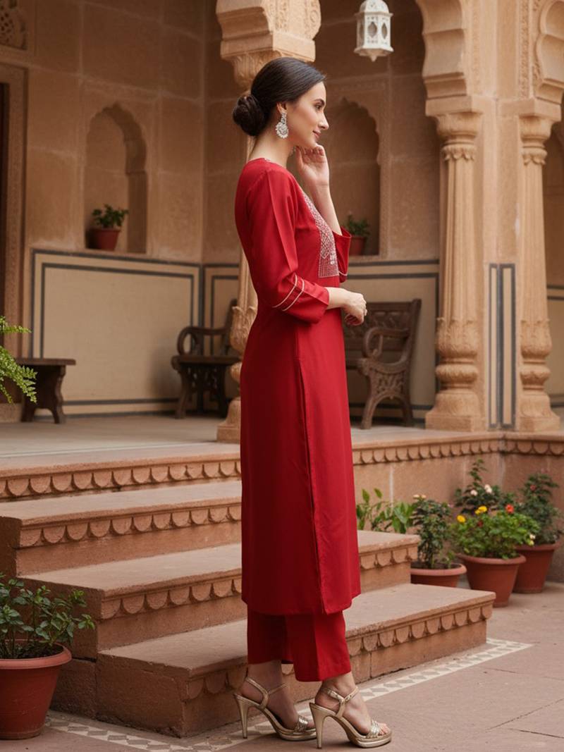 red color embroidered silk blend styles kurta palazzo with dupatta