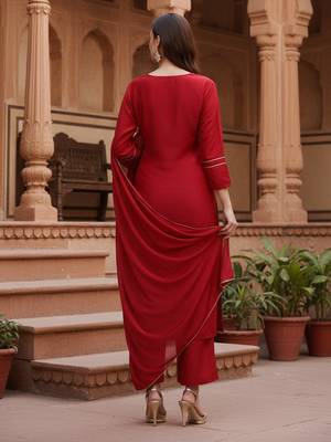 red color embroidered silk blend styles kurta palazzo with dupatta 4