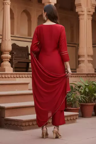 red color embroidered silk blend styles kurta palazzo with dupatta