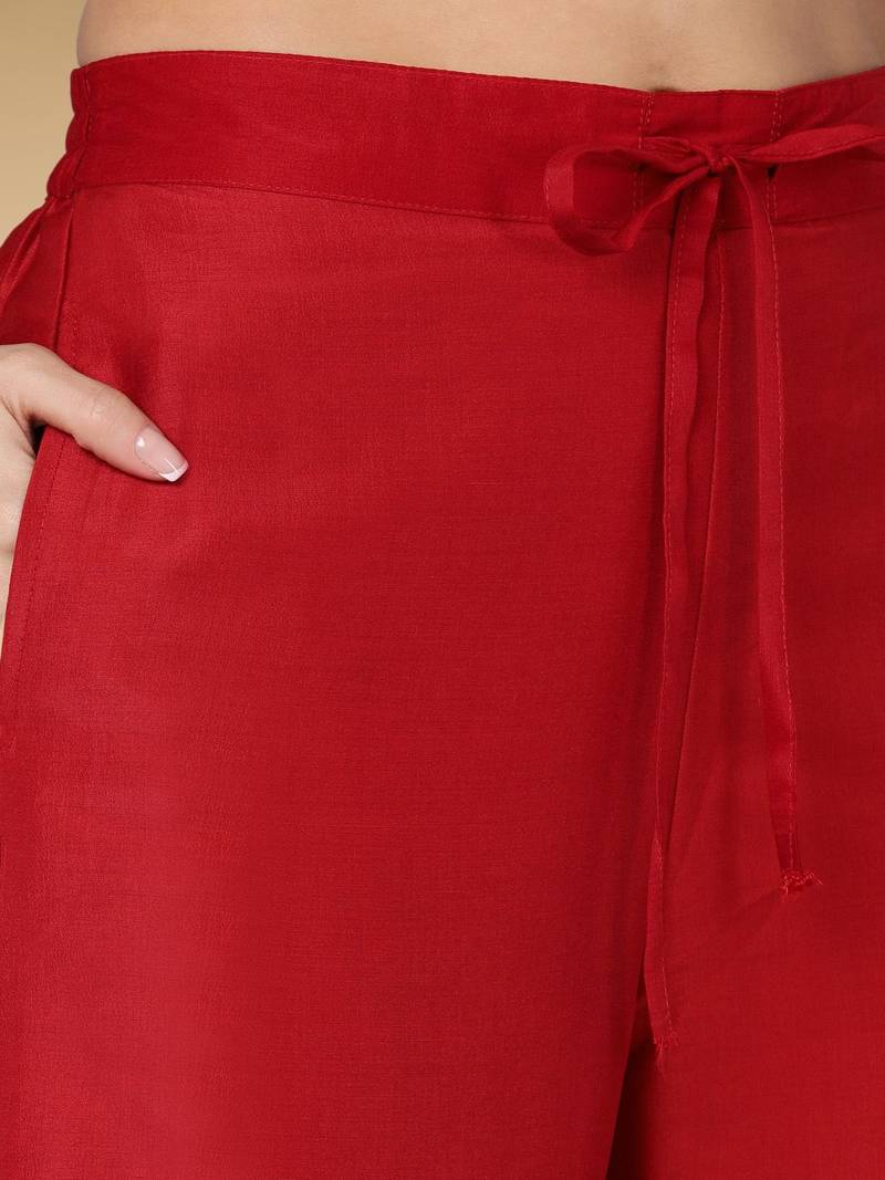 red color embroidered silk blend styles kurta palazzo with dupatta