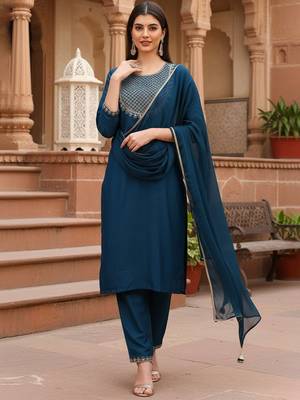 teal color embroidered silk blend styles kurta trouser with dupatta 1