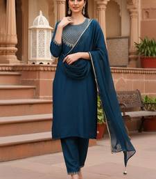 teal color embroidered silk blend styles kurta trouser with dupatta