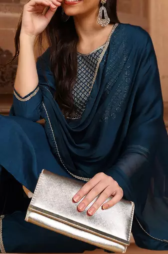 teal color embroidered silk blend styles kurta trouser with dupatta