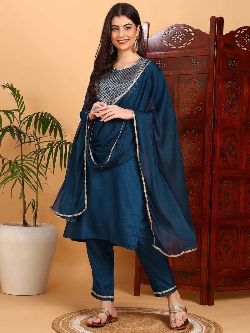 teal color embroidered silk blend styles kurta trouser with dupatta