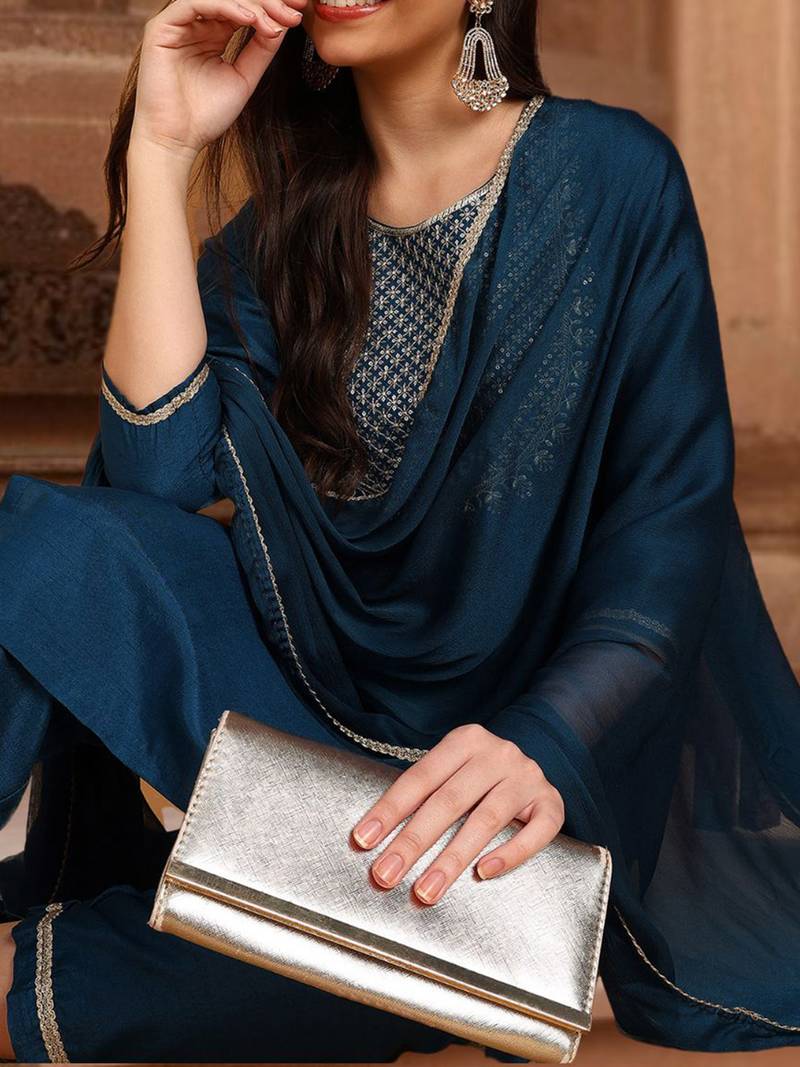 teal color embroidered silk blend styles kurta trouser with dupatta