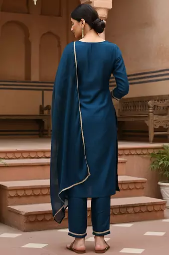 teal color embroidered silk blend styles kurta trouser with dupatta