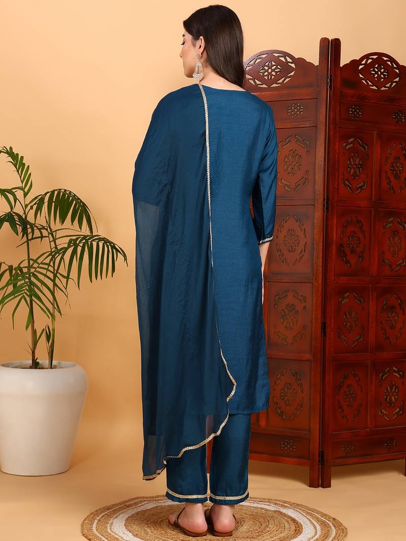 teal color embroidered silk blend styles kurta trouser with dupatta