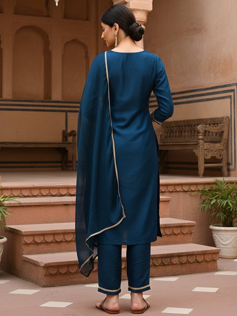 teal color embroidered silk blend styles kurta trouser with dupatta
