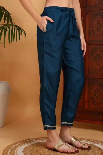 teal color embroidered silk blend styles kurta trouser with dupatta