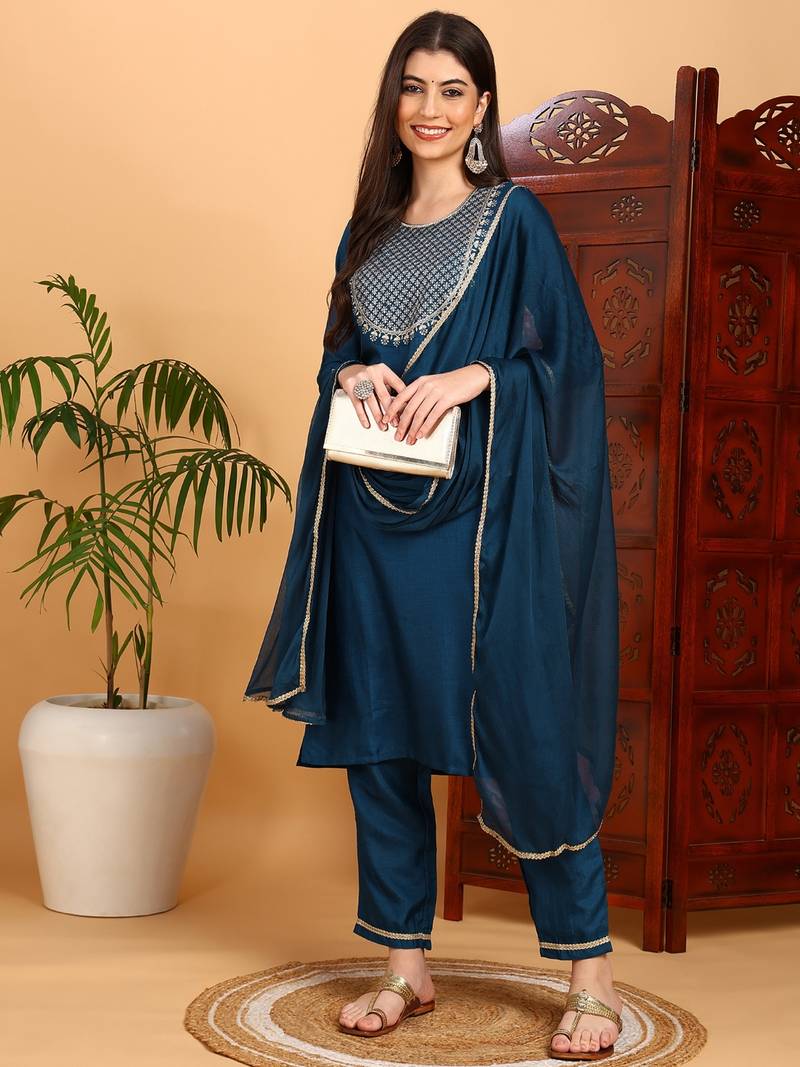 teal color embroidered silk blend styles kurta trouser with dupatta