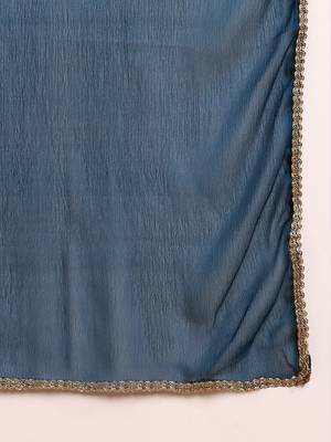 teal color embroidered silk blend styles kurta trouser with dupatta 5
