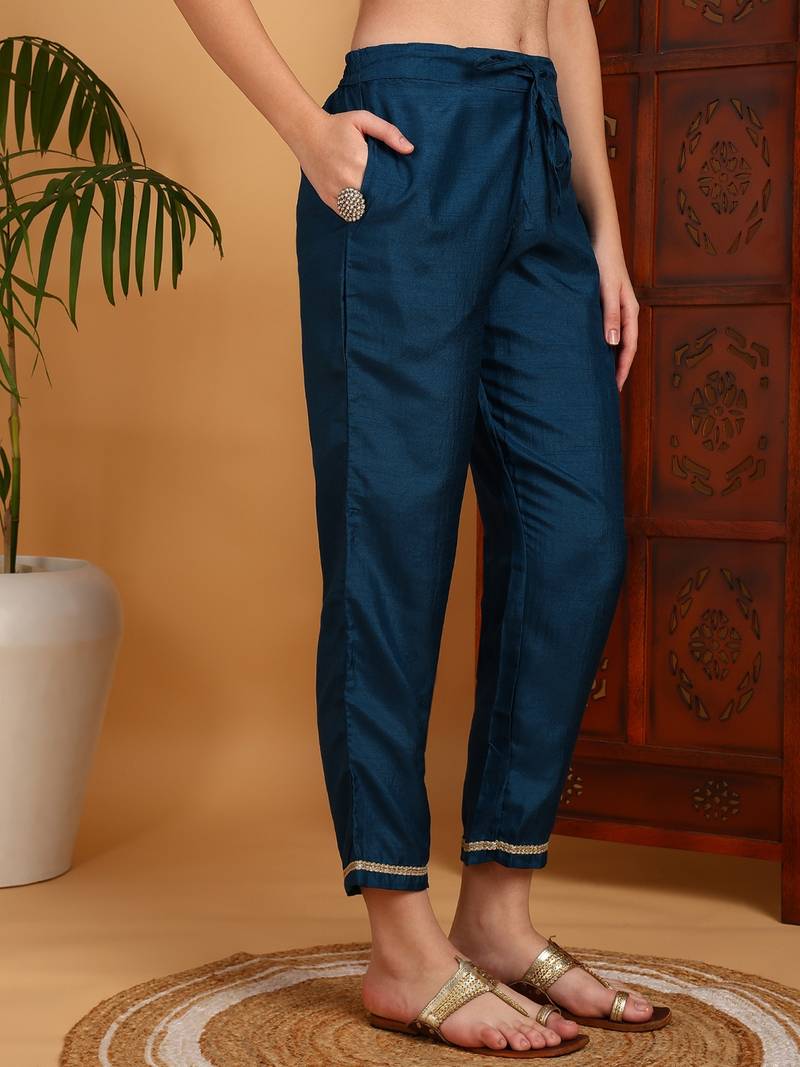 teal color embroidered silk blend styles kurta trouser with dupatta