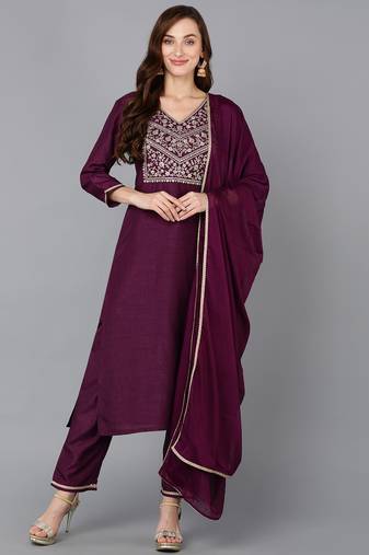 purple color embroidered silk blend styles kurta trouser with dupatta