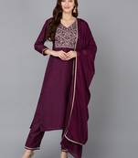 purple color embroidered silk blend styles kurta trouser with dupatta