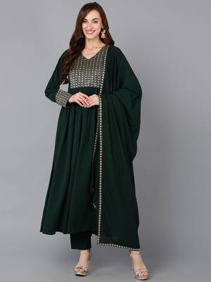 green color embroidered georgette styles kurta trouser with dupatta 1