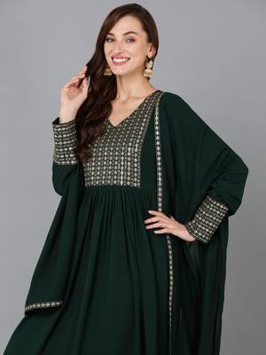 green color embroidered georgette styles kurta trouser with dupatta 2
