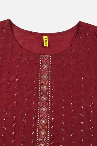 maroon color embroidered silk blend styles kurta trouser with dupatta