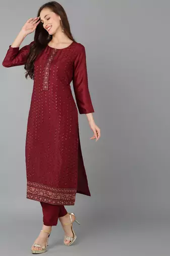 maroon color embroidered silk blend styles kurta trouser with dupatta