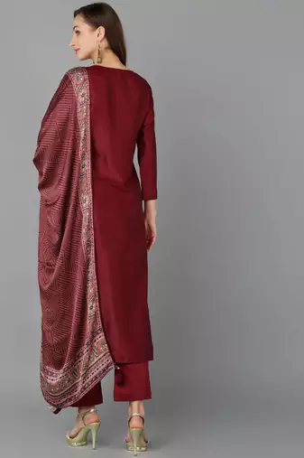 maroon color embroidered silk blend styles kurta trouser with dupatta