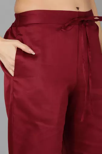 maroon color embroidered silk blend styles kurta trouser with dupatta