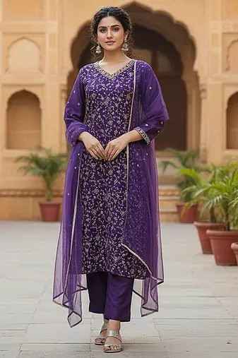 purple color embroidered silk blend styles kurta trouser with dupatta