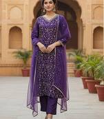 purple color embroidered silk blend styles kurta trouser with dupatta