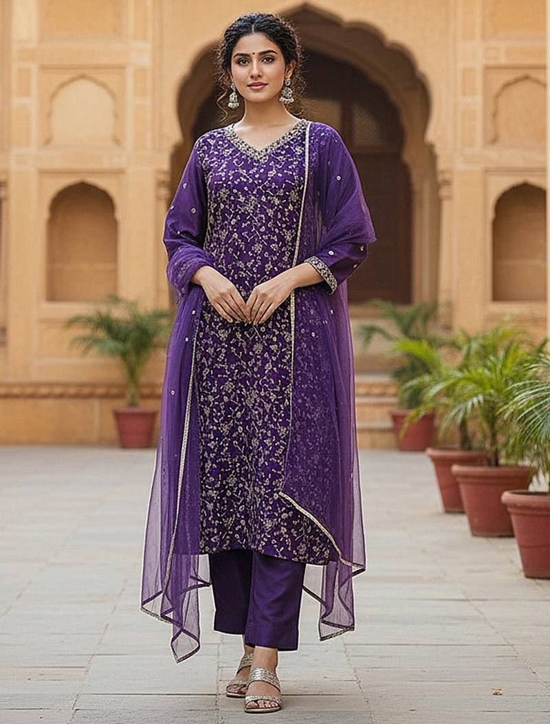 purple color embroidered silk blend styles kurta trouser with dupatta