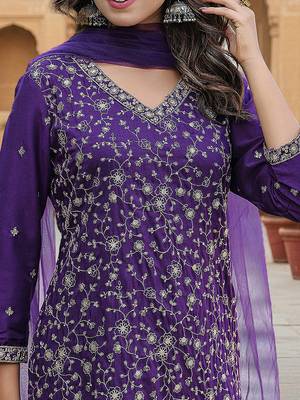 purple color embroidered silk blend styles kurta trouser with dupatta 2