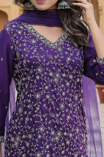 purple color embroidered silk blend styles kurta trouser with dupatta