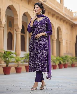 purple color embroidered silk blend styles kurta trouser with dupatta 3