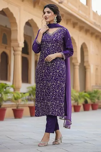 purple color embroidered silk blend styles kurta trouser with dupatta