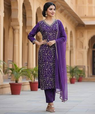 purple color embroidered silk blend styles kurta trouser with dupatta 4