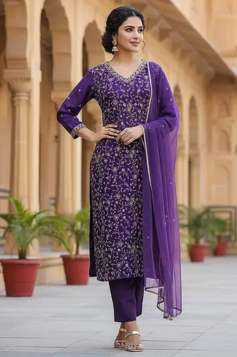 purple color embroidered silk blend styles kurta trouser with dupatta