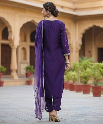 purple color embroidered silk blend styles kurta trouser with dupatta 5