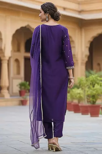 purple color embroidered silk blend styles kurta trouser with dupatta