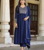 navy blue color embroidered georgette styles kurta trouser with dupatta