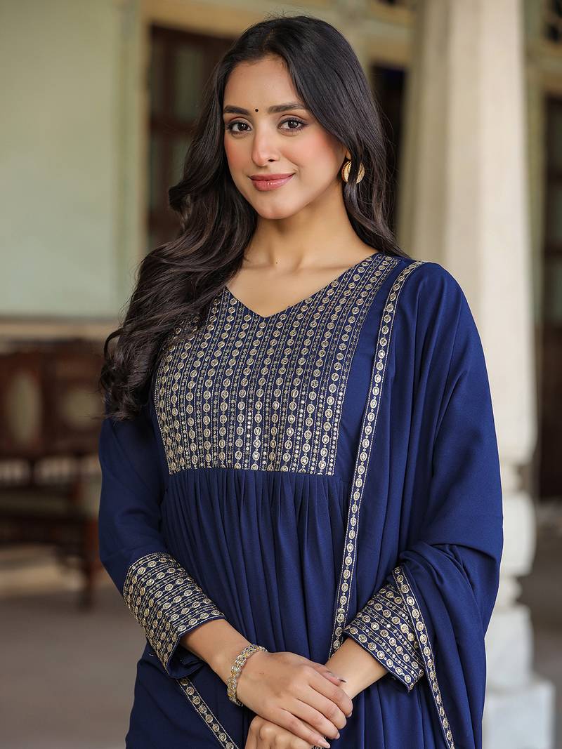 navy blue color embroidered georgette styles kurta trouser with dupatta