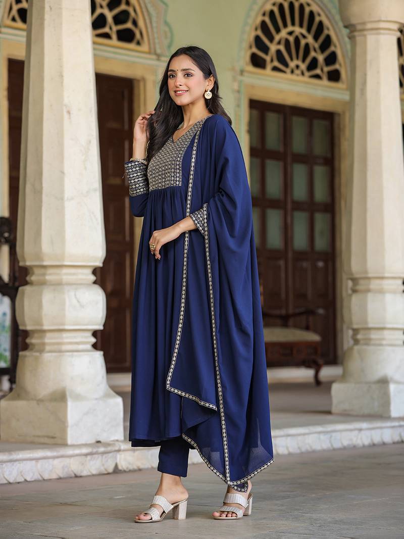 navy blue color embroidered georgette styles kurta trouser with dupatta