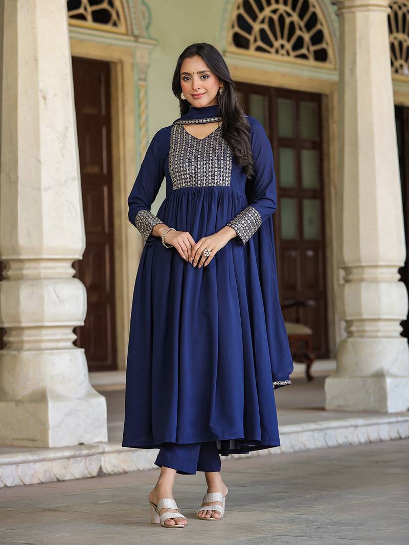 navy blue color embroidered georgette styles kurta trouser with dupatta