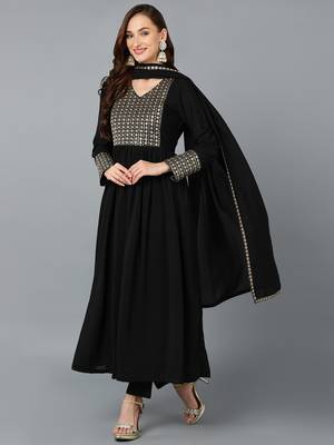 black color embroidered georgette styles kurta trouser with dupatta 1