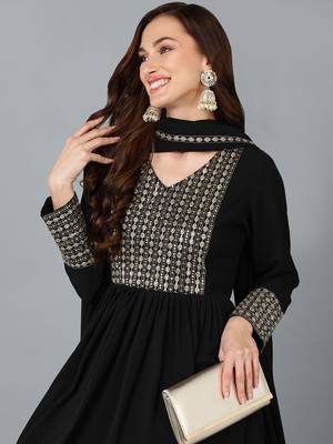 black color embroidered georgette styles kurta trouser with dupatta 2