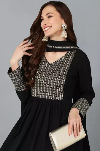 black color embroidered georgette styles kurta trouser with dupatta