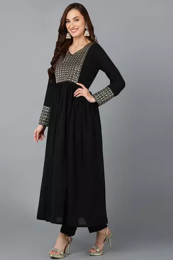 black color embroidered georgette styles kurta trouser with dupatta